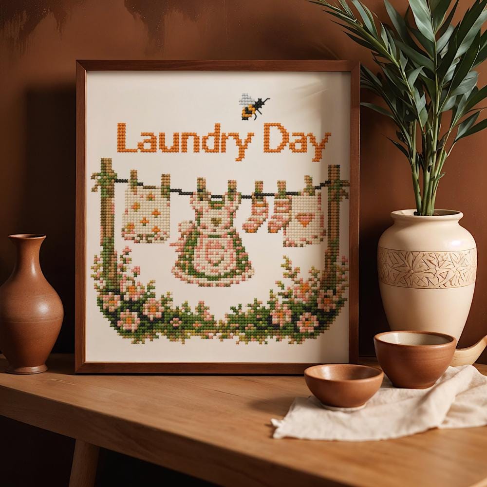 Bunny Laundry Room Cross Stitch Pattern PDF digital pattern preview