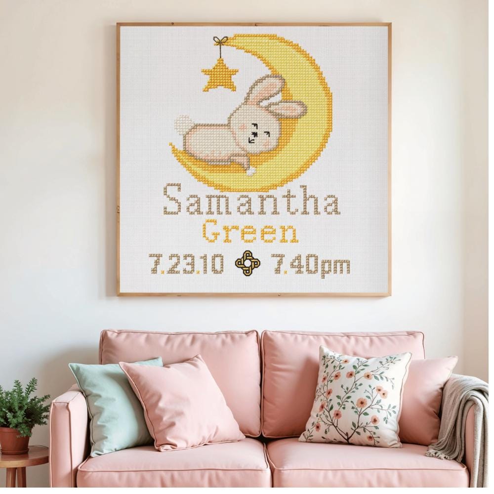 Bunny Moon Birth Announcement Cross Stitch Pattern digital pattern preview