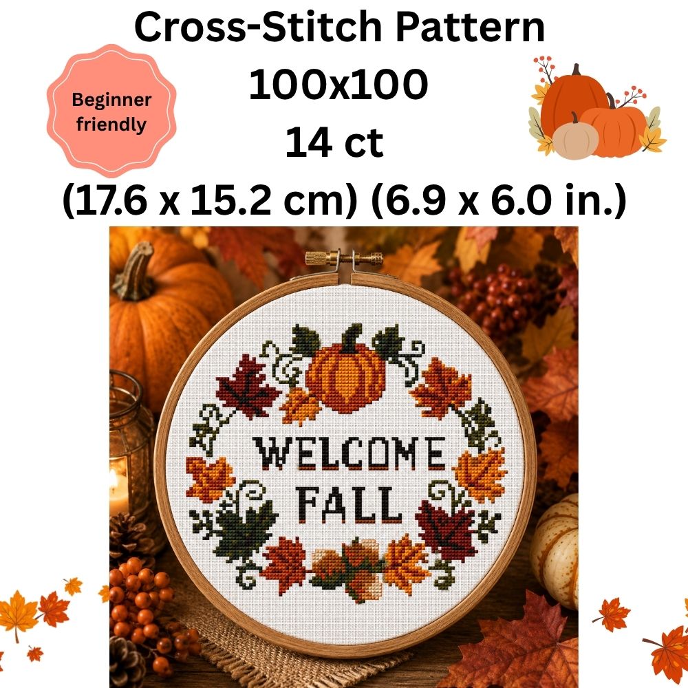Welcome Fall Cross Stitch Pattern, Autumn Wreath with Pumpkin, Fall Leaves Cross Stitch PDF, Cozy Seasonal Home Decor