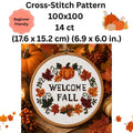 Welcome Fall Cross Stitch Pattern, Autumn Wreath with Pumpkin, Fall Leaves Cross Stitch PDF, Cozy Seasonal Home Decor