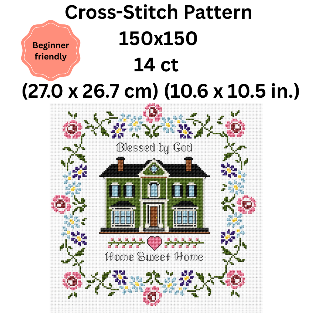 Blessed Home Cross Stitch Pattern, Home Sweet Home Sampler, Housewarming Gift, Christian Cross Stitch, Floral House PDF Pattern