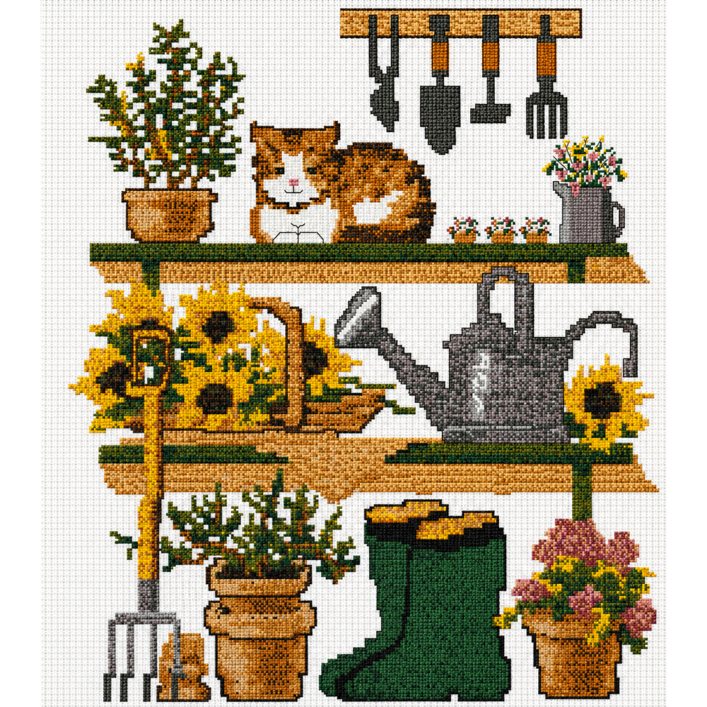 The Cottage Gardener Cross Stitch Pattern, Cottagecore Garden Cat, Sunflower & Potting Shed Counted Cross Stitch PDF, Pattern Keeper