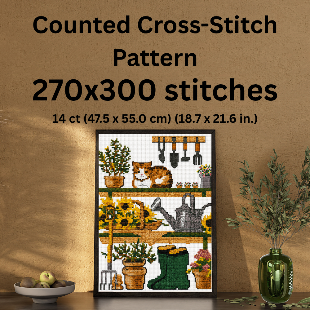 The Cottage Gardener Cross Stitch Pattern, Cottagecore Garden Cat, Sunflower & Potting Shed Counted Cross Stitch PDF, Pattern Keeper