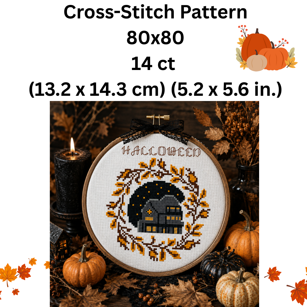 Halloween Haunted House Wreath Cross Stitch Pattern, Autumn Leaves, Spooky Fall Decor, Halloween PDF Embroidery Pattern