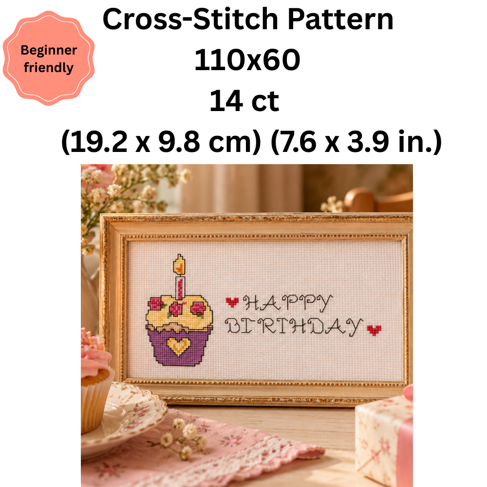 Happy Birthday Cupcake Cross Stitch Pattern PDF | Small Birthday Embroidery Design