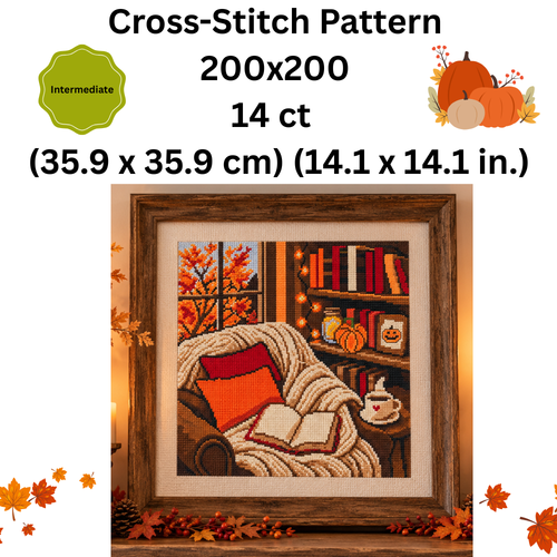 Autumn Reading Nook Cross Stitch Pattern, Cozy Fall Home Decor, Books & Pumpkin PDF, Autumn Cottage Cross Stitch