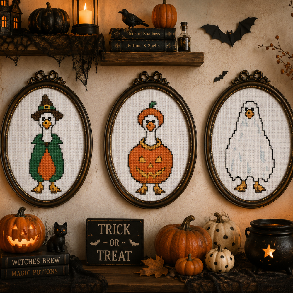 Halloween Mini Duck Cross Stitch Pattern, Cute Goose PDF, Witch, Pumpkin, Ghost, Funny Halloween Decor, Beginner Counted Cross Stitch