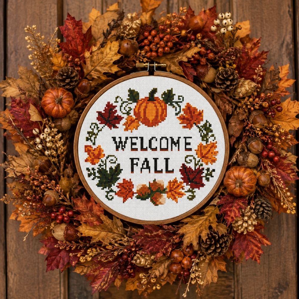 Welcome Fall Cross Stitch Pattern, Autumn Wreath with Pumpkin, Fall Leaves Cross Stitch PDF, Cozy Seasonal Home Decor