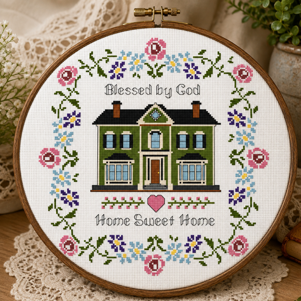 Blessed Home Cross Stitch Pattern, Home Sweet Home Sampler, Housewarming Gift, Christian Cross Stitch, Floral House PDF Pattern