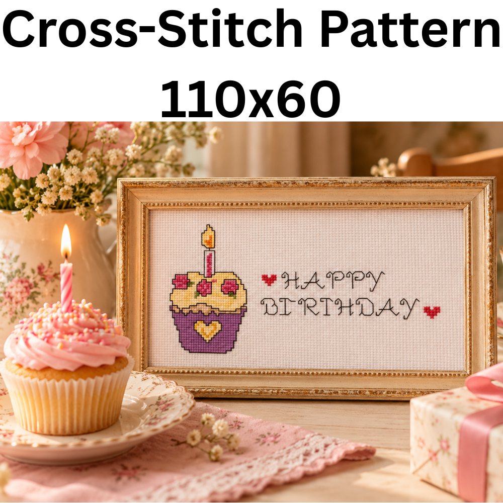 Happy Birthday Cupcake Cross Stitch Pattern PDF | Small Birthday Embroidery Design