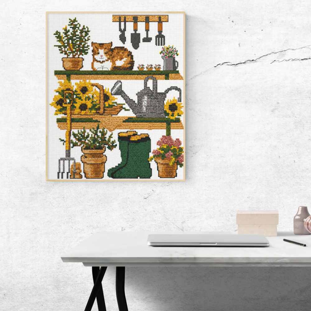 The Cottage Gardener Cross Stitch Pattern, Cottagecore Garden Cat, Sunflower & Potting Shed Counted Cross Stitch PDF, Pattern Keeper