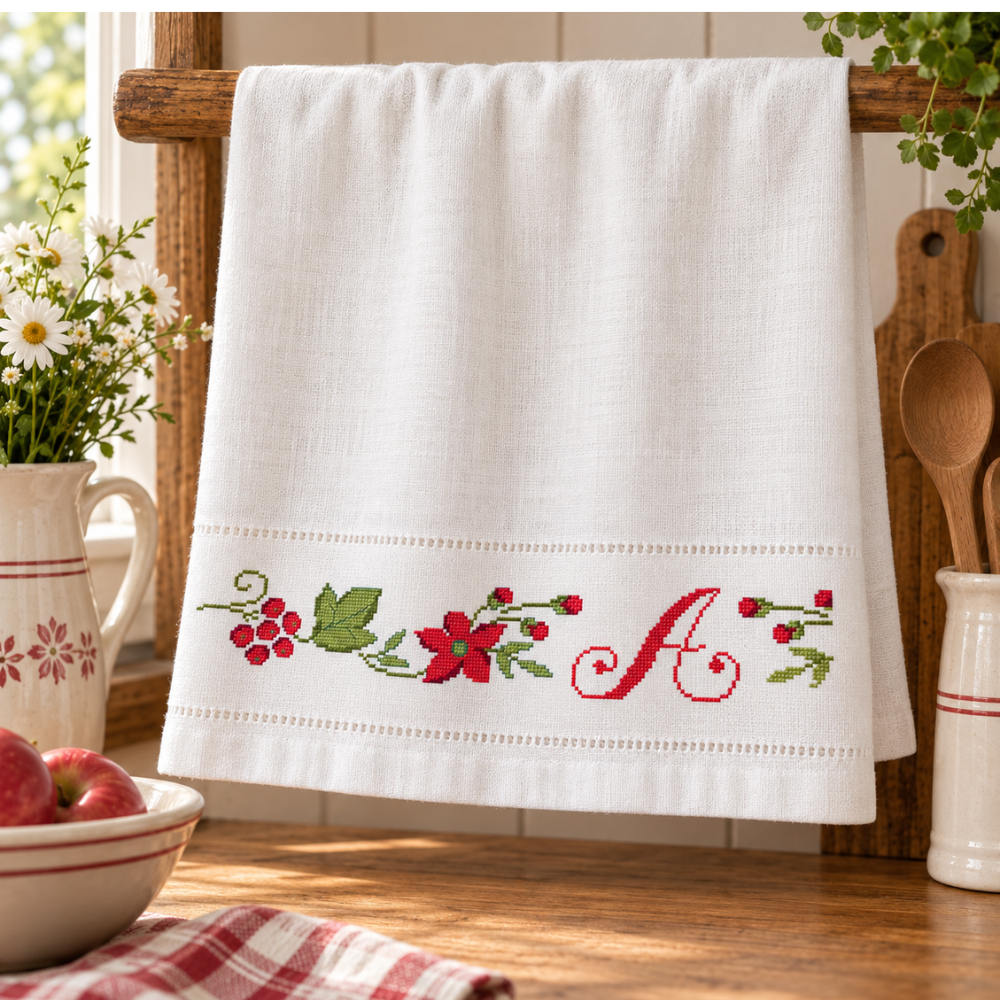 Floral Monogram A Cross Stitch Border Pattern – Linen, Towels, Curtains & Aprons PDF
