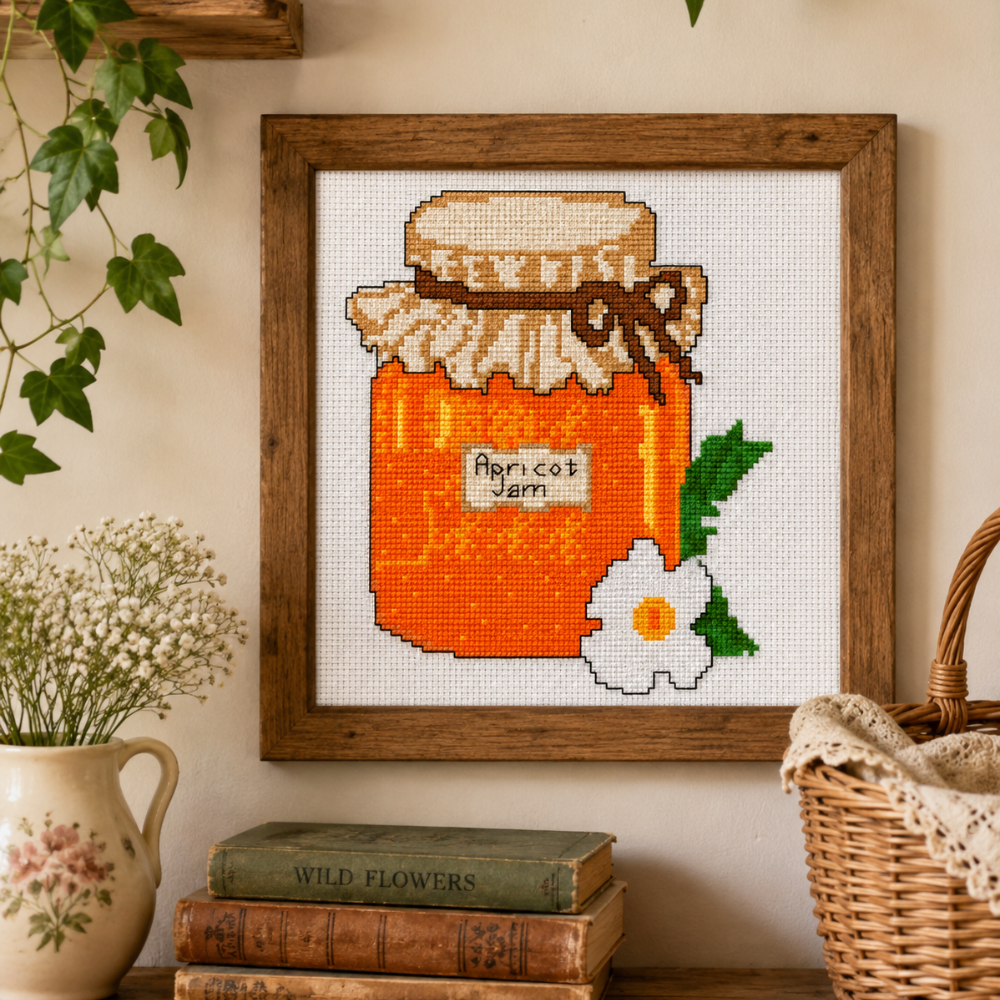 Apricot Jam Jar Cross Stitch Pattern 100x100,  Cottagecore Kitchen Decor, Vintage Preserve Jar, Fruit Cross Stitch PDF, Pantry Embroidery