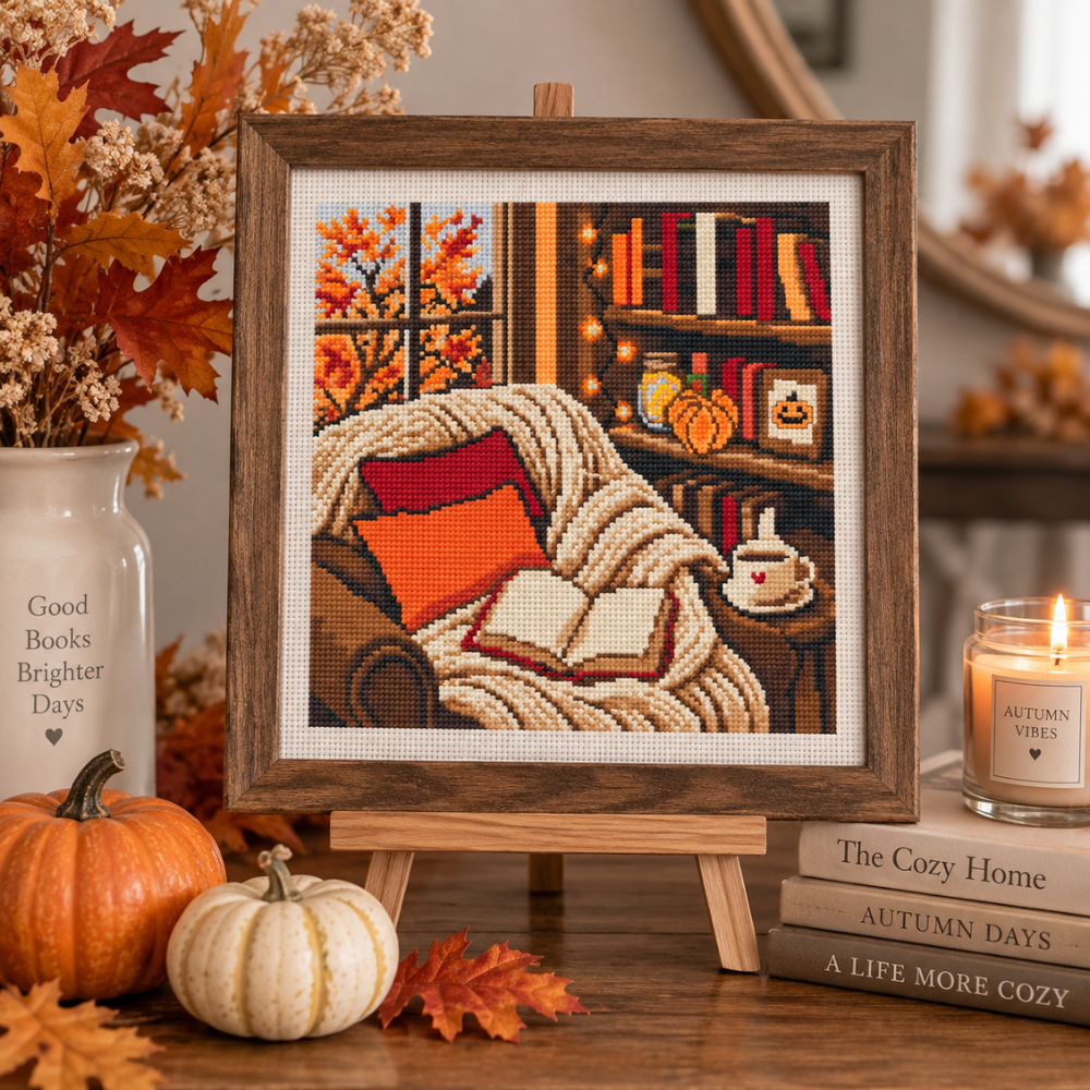 Autumn Reading Nook Cross Stitch Pattern, Cozy Fall Home Decor, Books & Pumpkin PDF, Autumn Cottage Cross Stitch