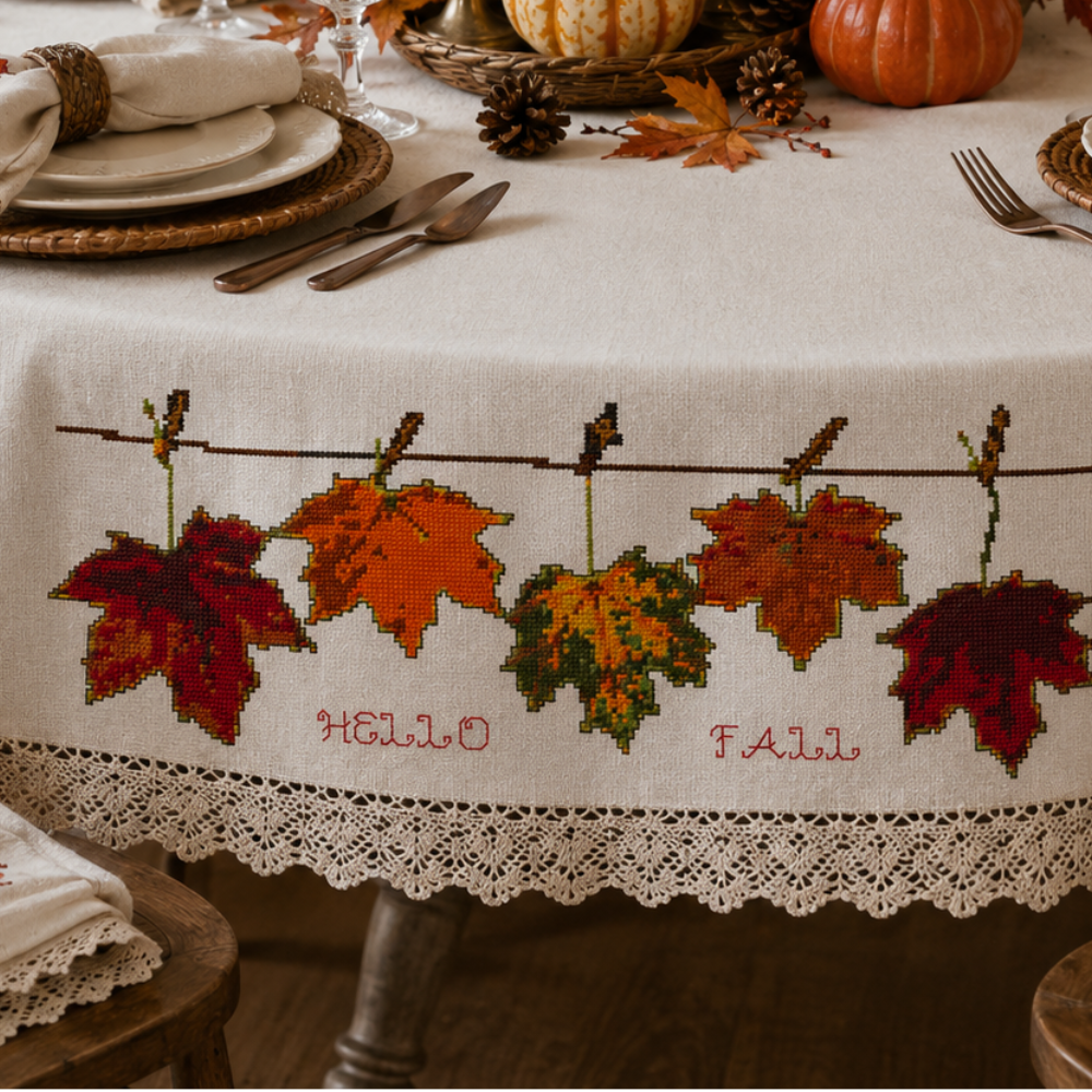 Hello Fall Cross Stitch Pattern, Autumn Maple Leaves, Thanksgiving Tablecloth Embroidery, Farmhouse Fall Decor PDF
