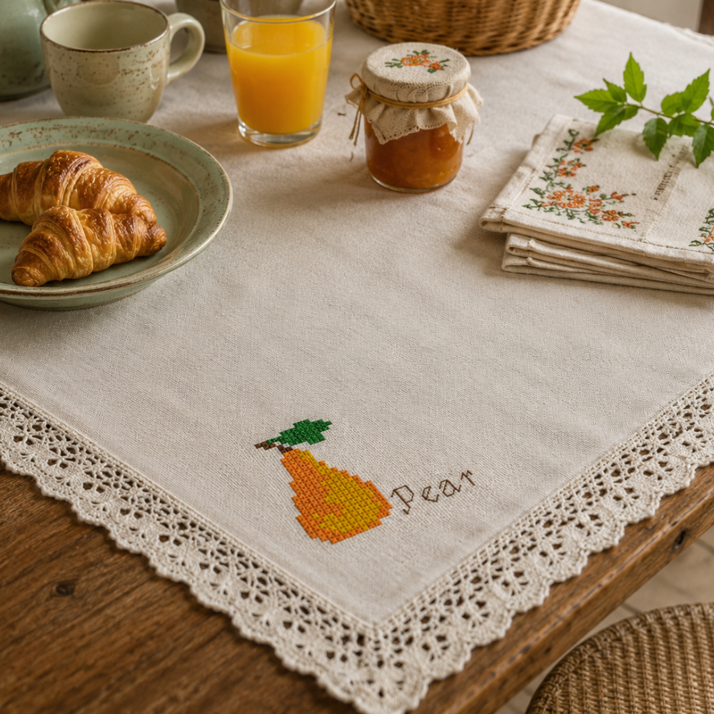 Himbeer-Kreuzstichmuster | Stickerei für Marmeladenglas-Deckel | Landhaus-Küchen-Deko | Bellas Speisekammer Wintervorbereitung | Tischdecke