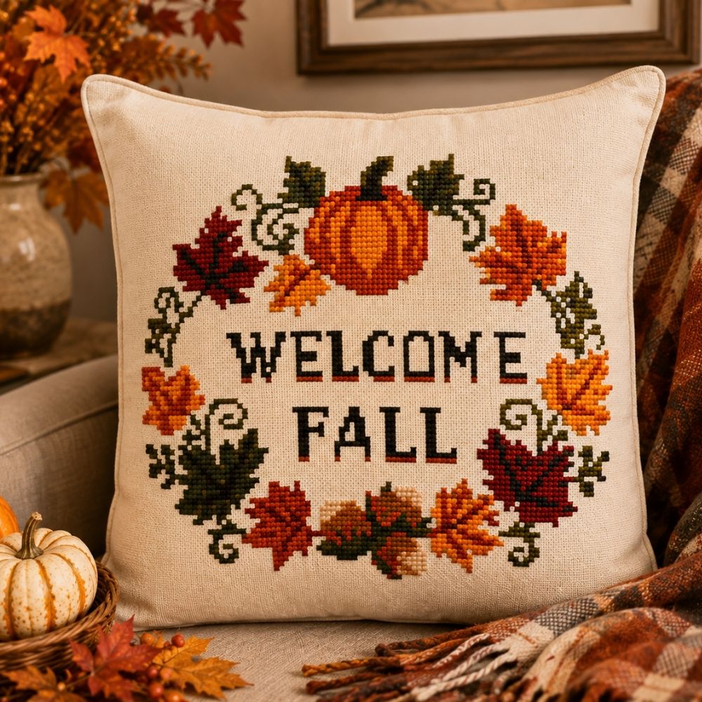 Welcome Fall Cross Stitch Pattern, Autumn Wreath with Pumpkin, Fall Leaves Cross Stitch PDF, Cozy Seasonal Home Decor