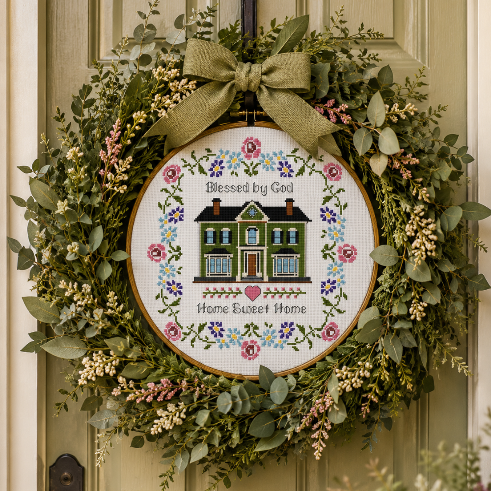 Blessed Home Cross Stitch Pattern, Home Sweet Home Sampler, Housewarming Gift, Christian Cross Stitch, Floral House PDF Pattern