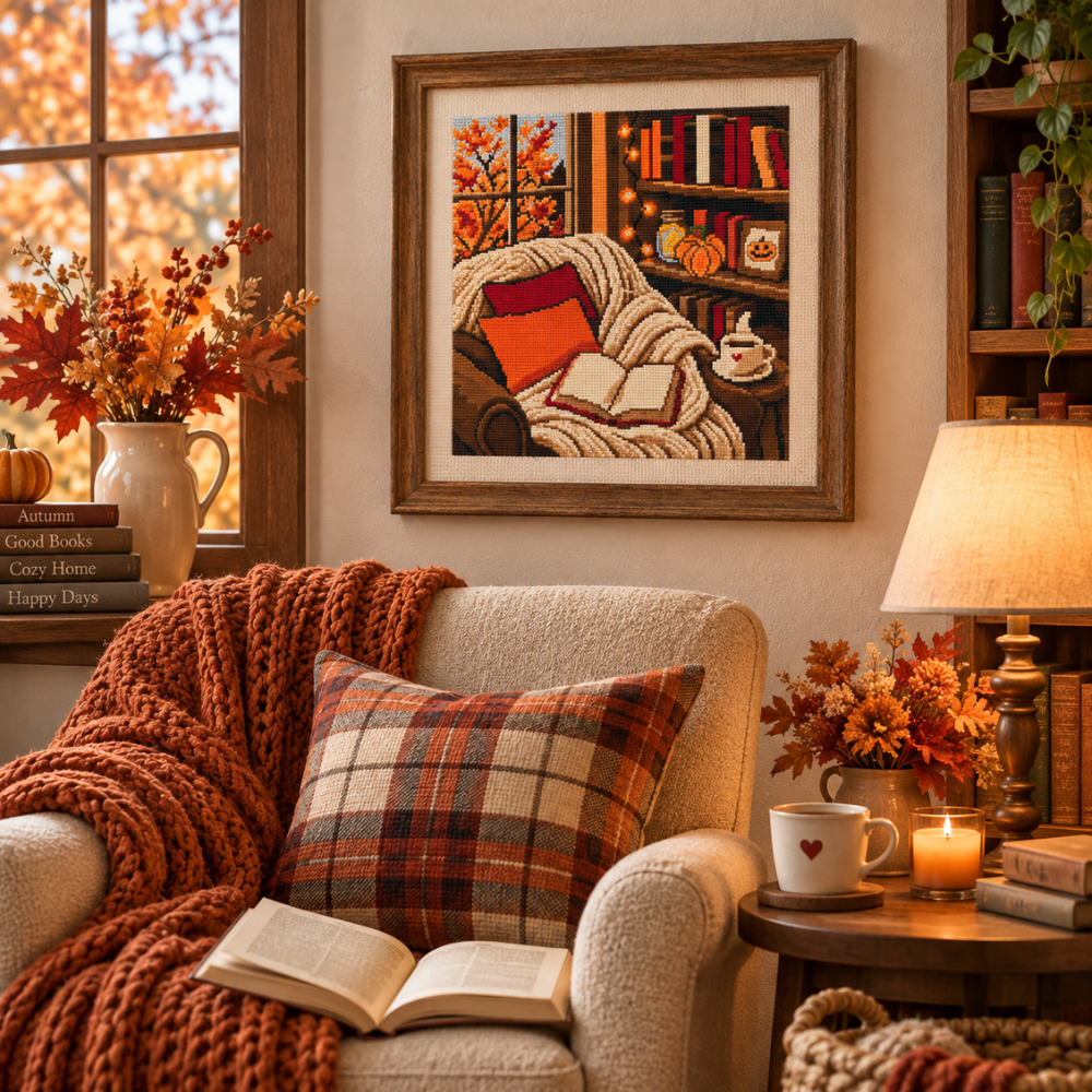 Autumn Reading Nook Cross Stitch Pattern, Cozy Fall Home Decor, Books & Pumpkin PDF, Autumn Cottage Cross Stitch