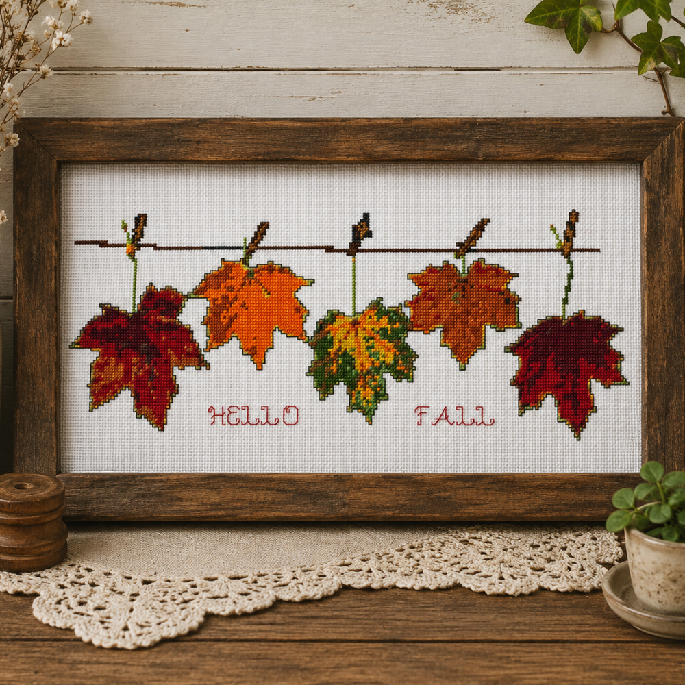 Hello Fall Cross Stitch Pattern, Autumn Maple Leaves, Thanksgiving Tablecloth Embroidery, Farmhouse Fall Decor PDF