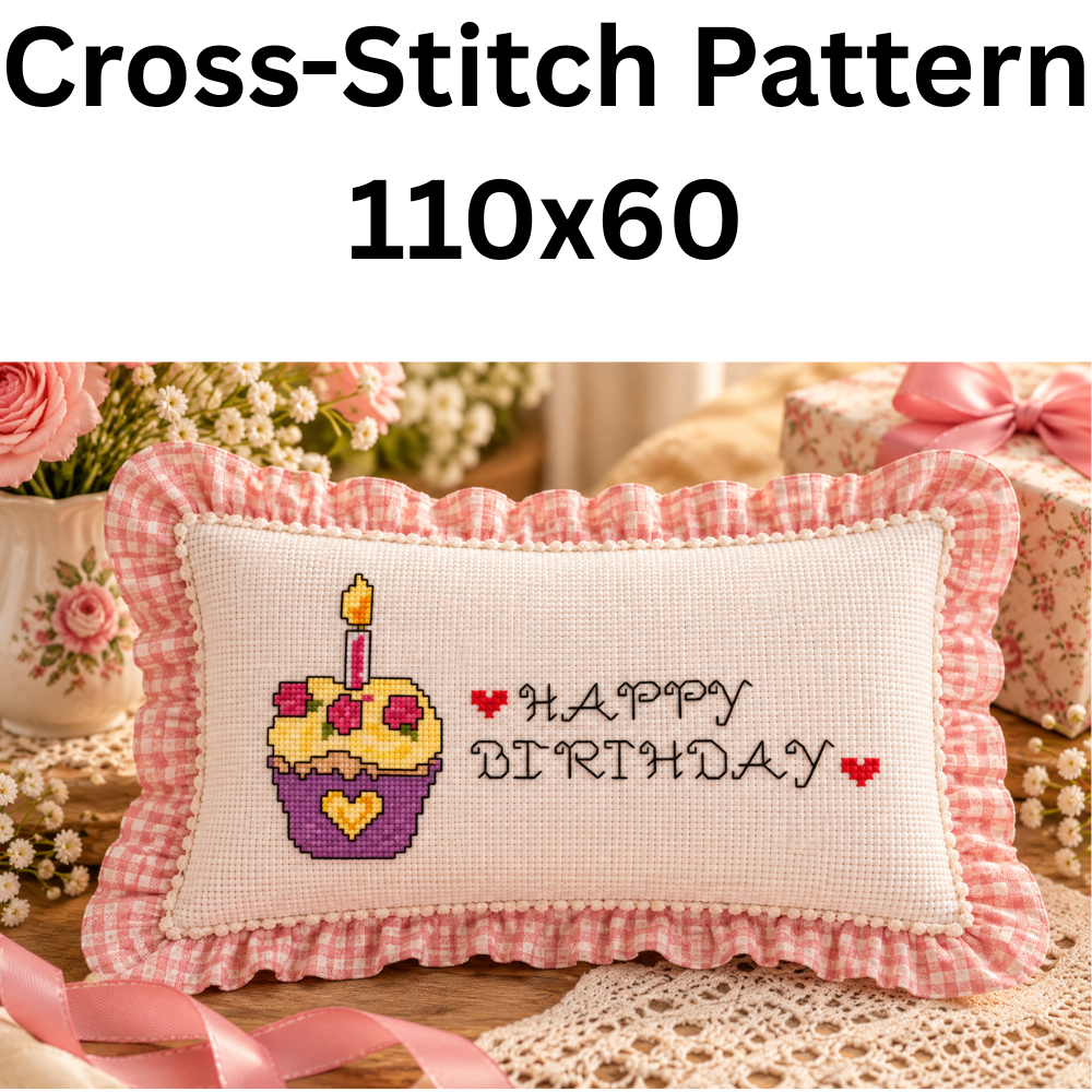 Happy Birthday Cupcake Cross Stitch Pattern PDF | Small Birthday Embroidery Design