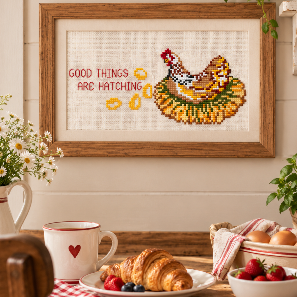 Good Things Are Hatching Hen Cross Stitch Pattern