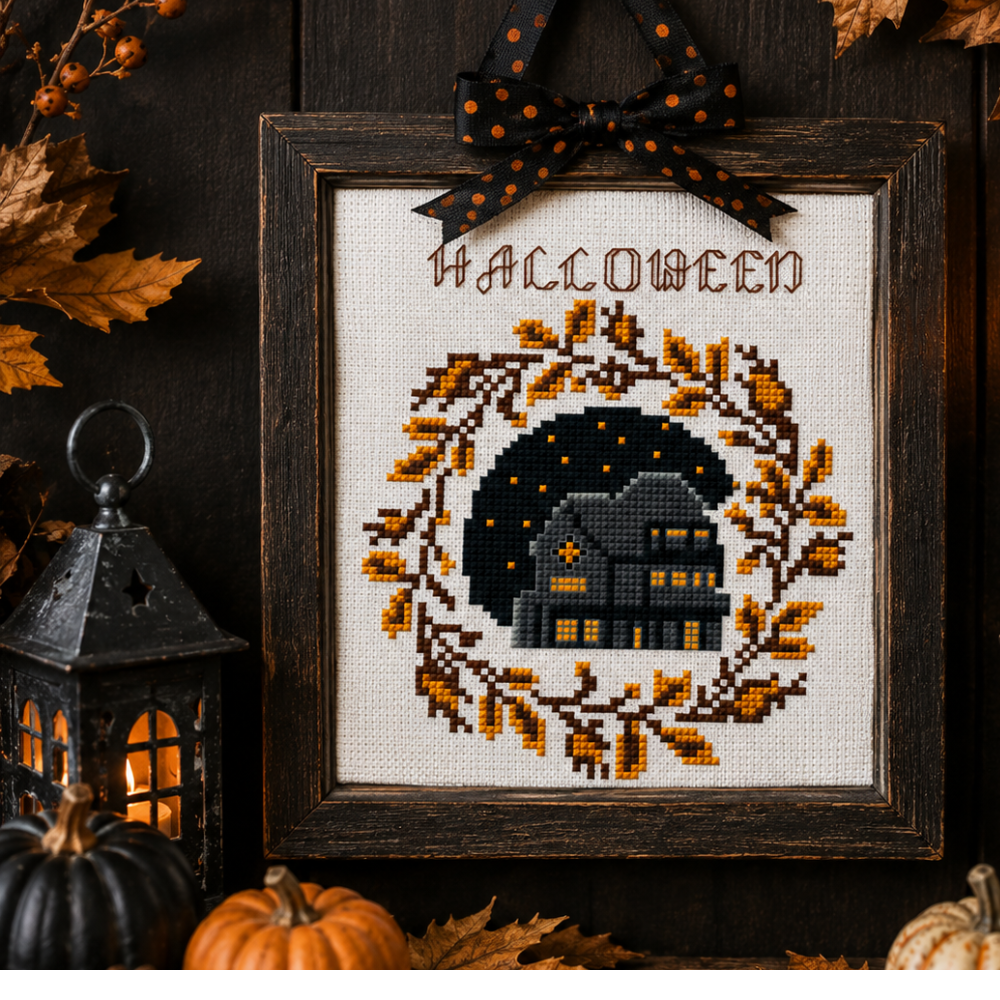 Halloween Haunted House Wreath Cross Stitch Pattern, Autumn Leaves, Spooky Fall Decor, Halloween PDF Embroidery Pattern