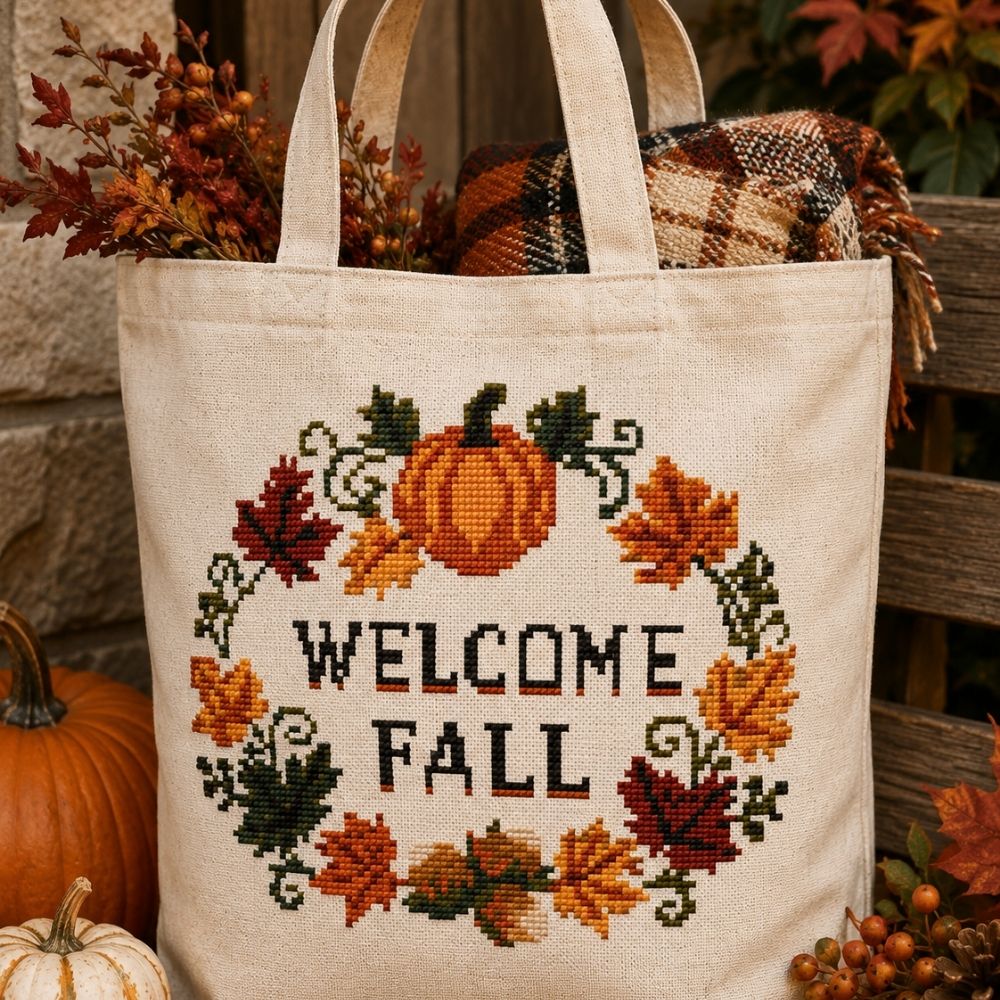 Welcome Fall Cross Stitch Pattern, Autumn Wreath with Pumpkin, Fall Leaves Cross Stitch PDF, Cozy Seasonal Home Decor