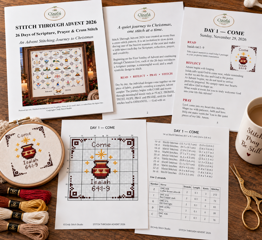 Stitch Through Advent 2026 – 26 Mini Cross Stitch Patterns & Devotional