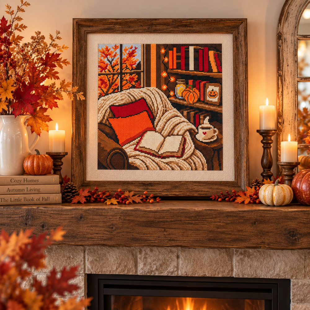 Autumn Reading Nook Cross Stitch Pattern, Cozy Fall Home Decor, Books & Pumpkin PDF, Autumn Cottage Cross Stitch