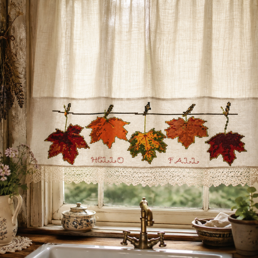 Hello Fall Cross Stitch Pattern, Autumn Maple Leaves, Thanksgiving Tablecloth Embroidery, Farmhouse Fall Decor PDF
