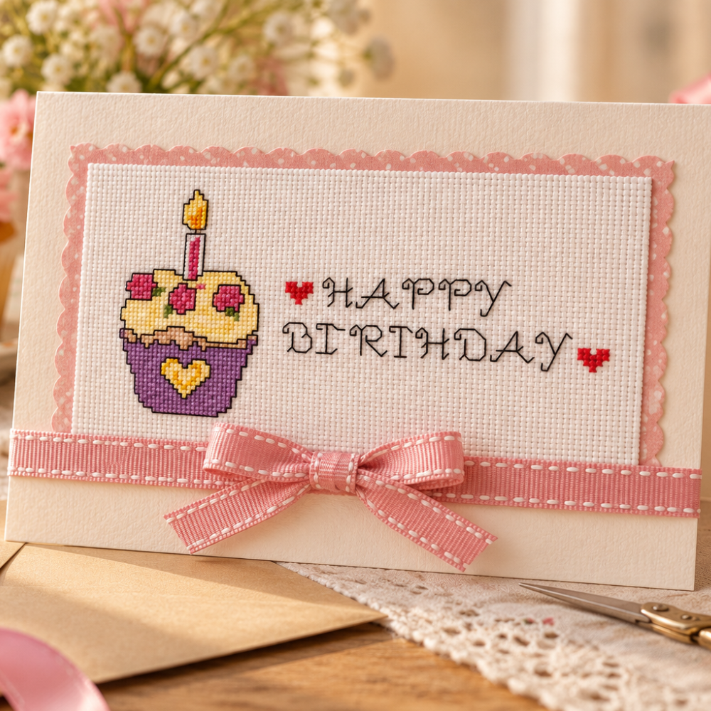 Happy Birthday Cupcake Cross Stitch Pattern PDF | Small Birthday Embroidery Design