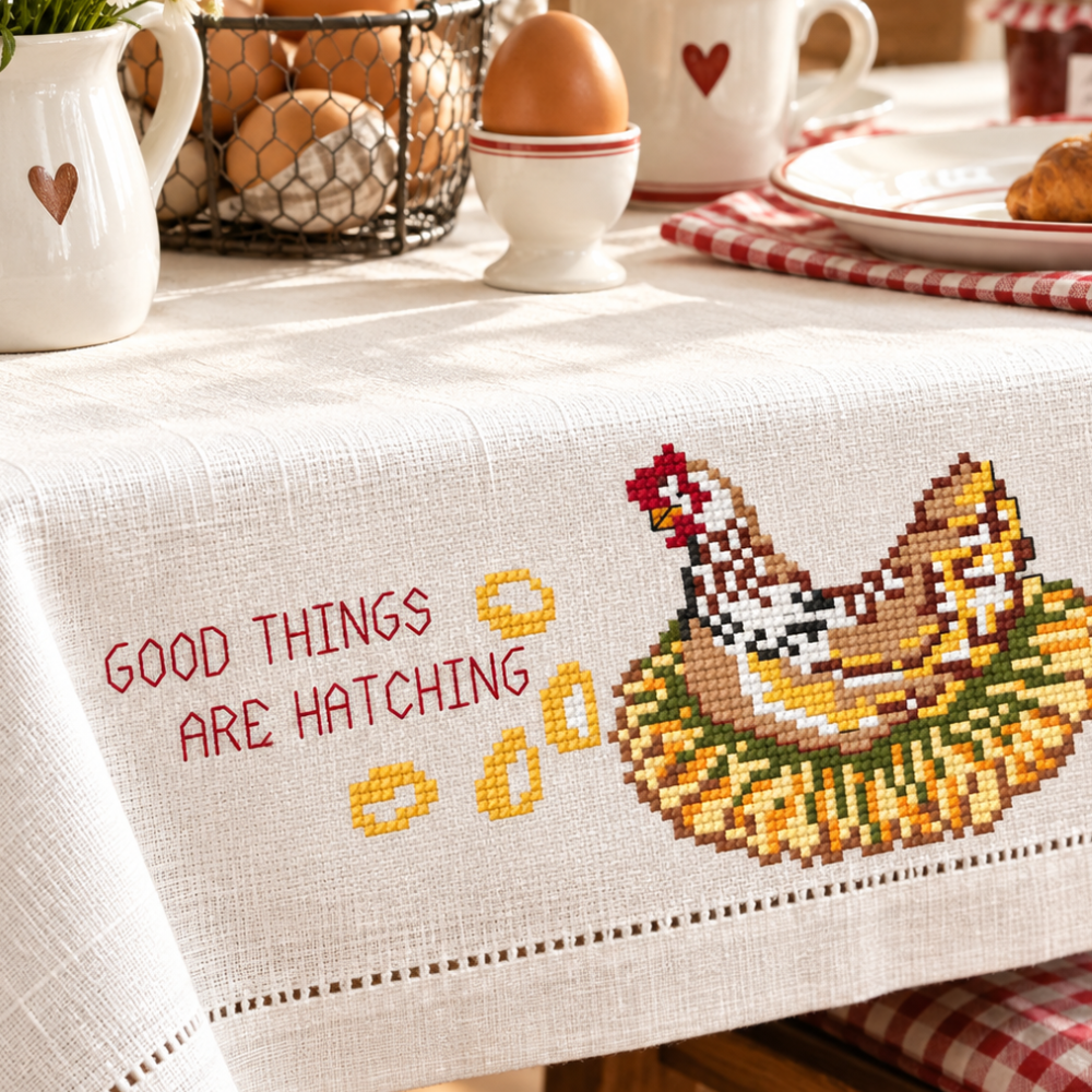 Good Things Are Hatching Hen Cross Stitch Pattern