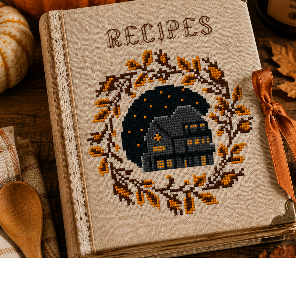 Halloween Haunted House Wreath Cross Stitch Pattern, Autumn Leaves, Spooky Fall Decor, Halloween PDF Embroidery Pattern