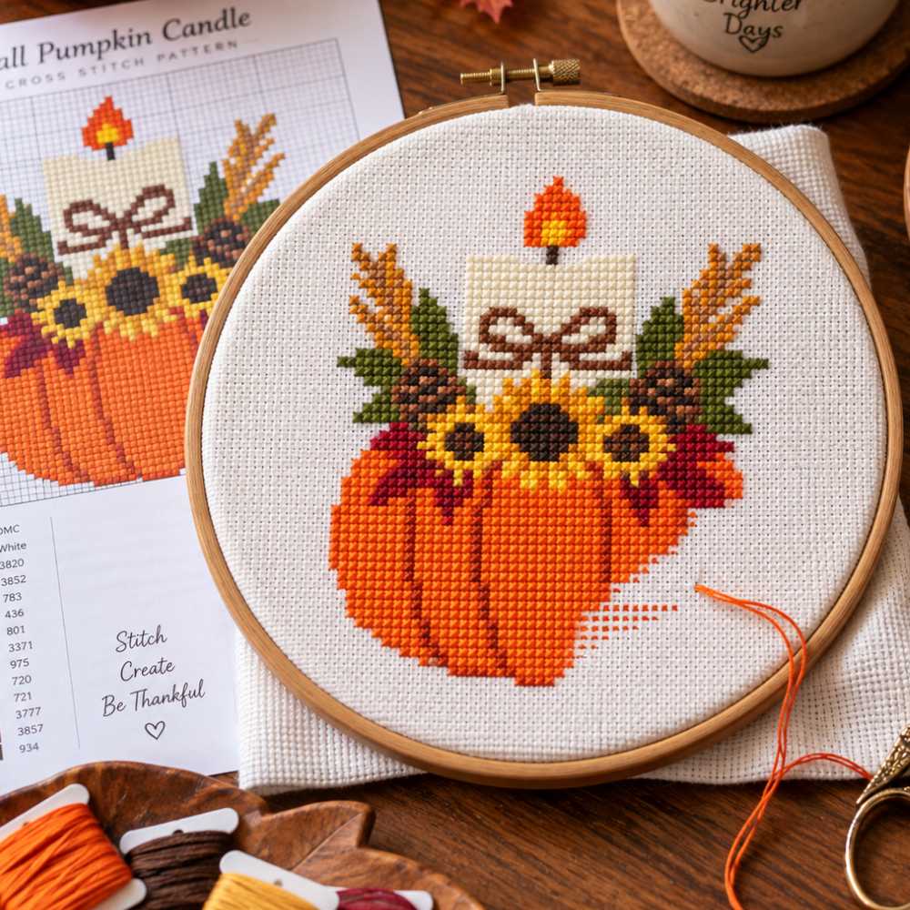 Fall Pumpkin Candle Cross Stitch Pattern