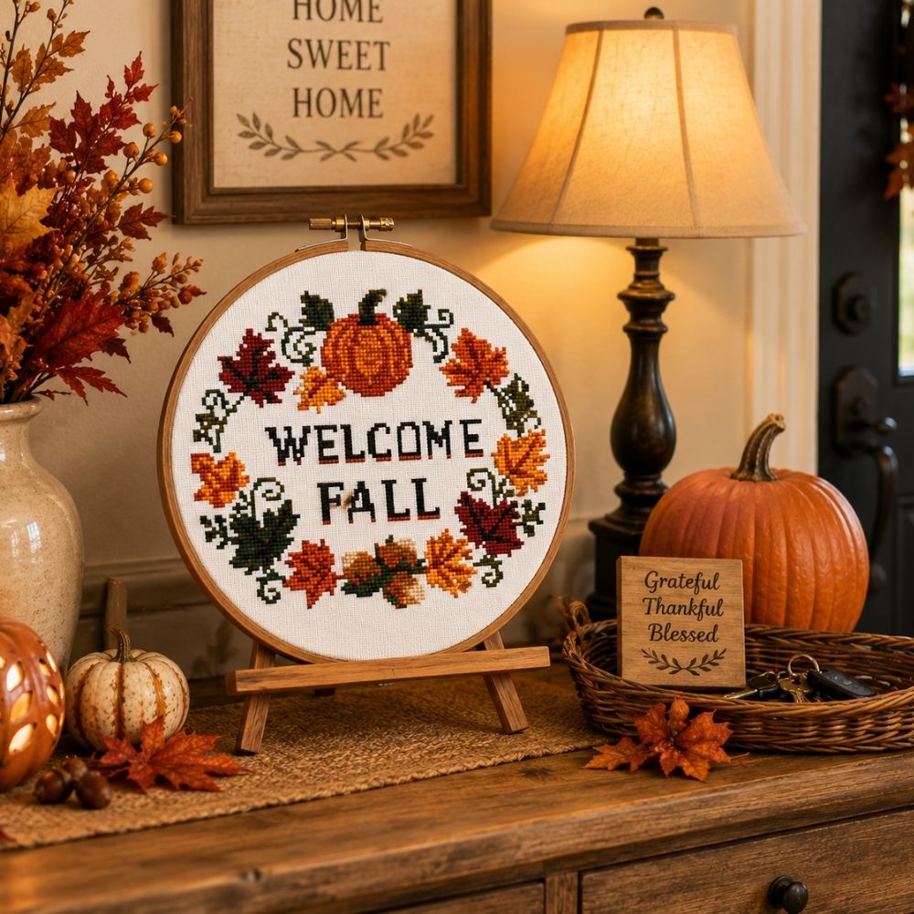 Welcome Fall Cross Stitch Pattern, Autumn Wreath with Pumpkin, Fall Leaves Cross Stitch PDF, Cozy Seasonal Home Decor