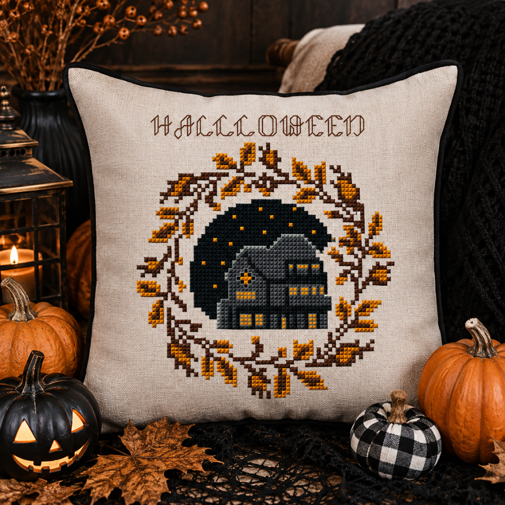 Halloween Haunted House Wreath Cross Stitch Pattern, Autumn Leaves, Spooky Fall Decor, Halloween PDF Embroidery Pattern