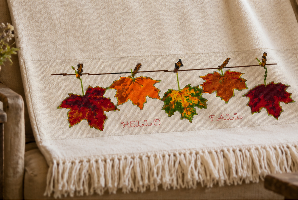 Hello Fall Cross Stitch Pattern, Autumn Maple Leaves, Thanksgiving Tablecloth Embroidery, Farmhouse Fall Decor PDF
