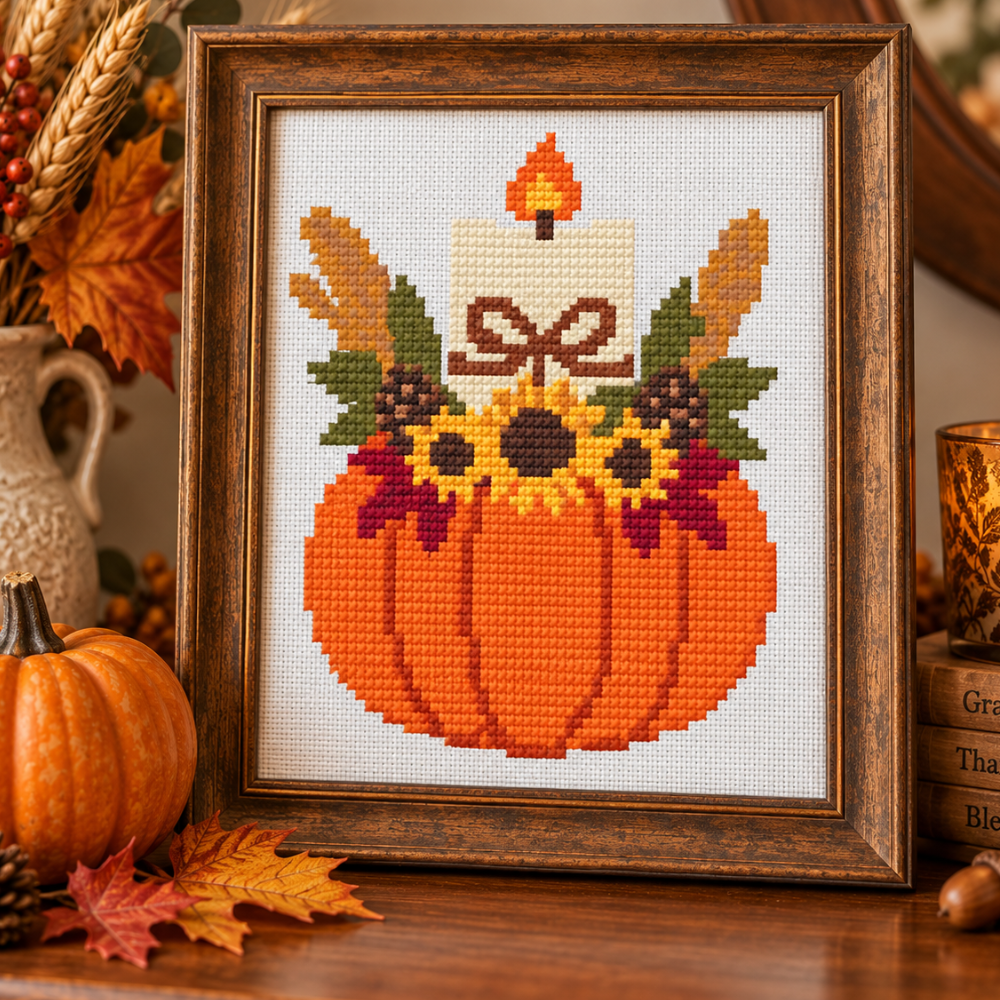 Fall Pumpkin Candle Cross Stitch Pattern