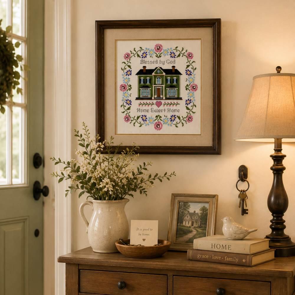 Blessed Home Cross Stitch Pattern, Home Sweet Home Sampler, Housewarming Gift, Christian Cross Stitch, Floral House PDF Pattern