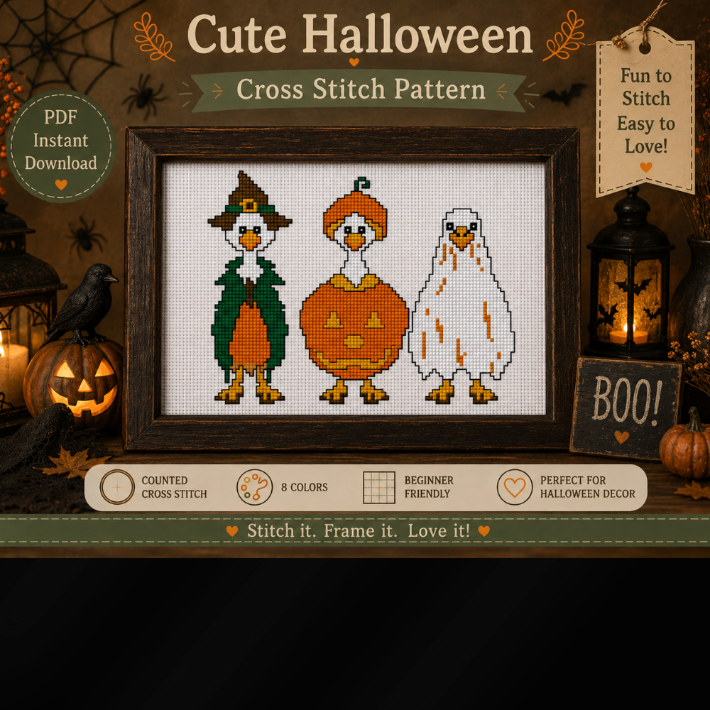 Halloween Mini Duck Cross Stitch Pattern, Cute Goose PDF, Witch, Pumpkin, Ghost, Funny Halloween Decor, Beginner Counted Cross Stitch