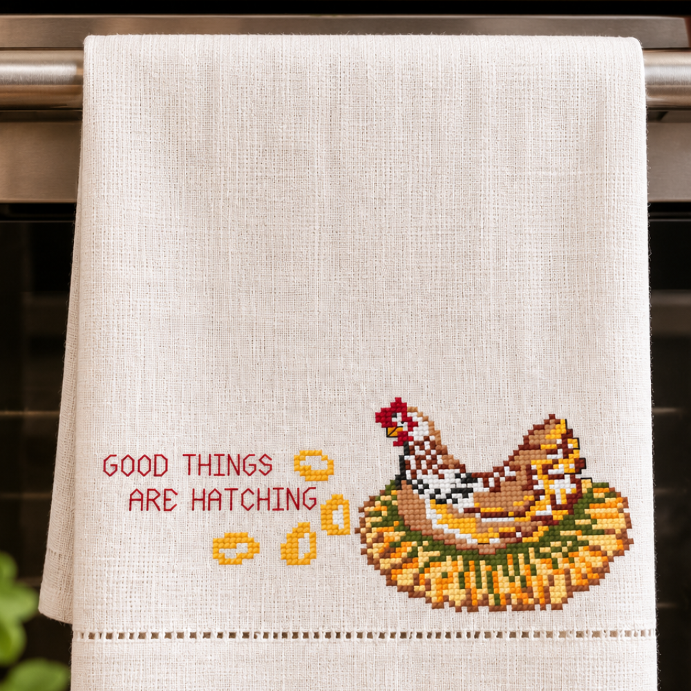 Good Things Are Hatching Hen Cross Stitch Pattern