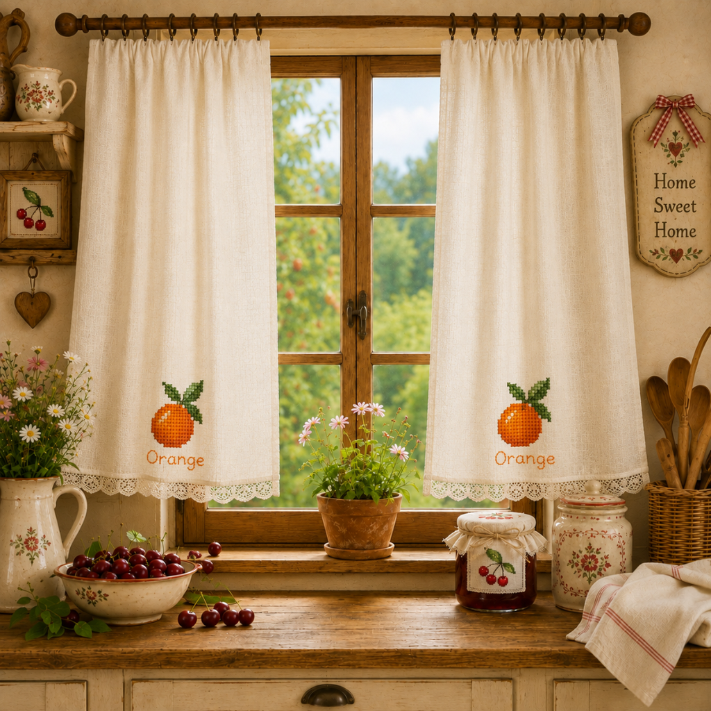 Himbeer-Kreuzstichmuster | Stickerei für Marmeladenglas-Deckel | Landhaus-Küchen-Deko | Bellas Speisekammer Wintervorbereitung | Tischdecke