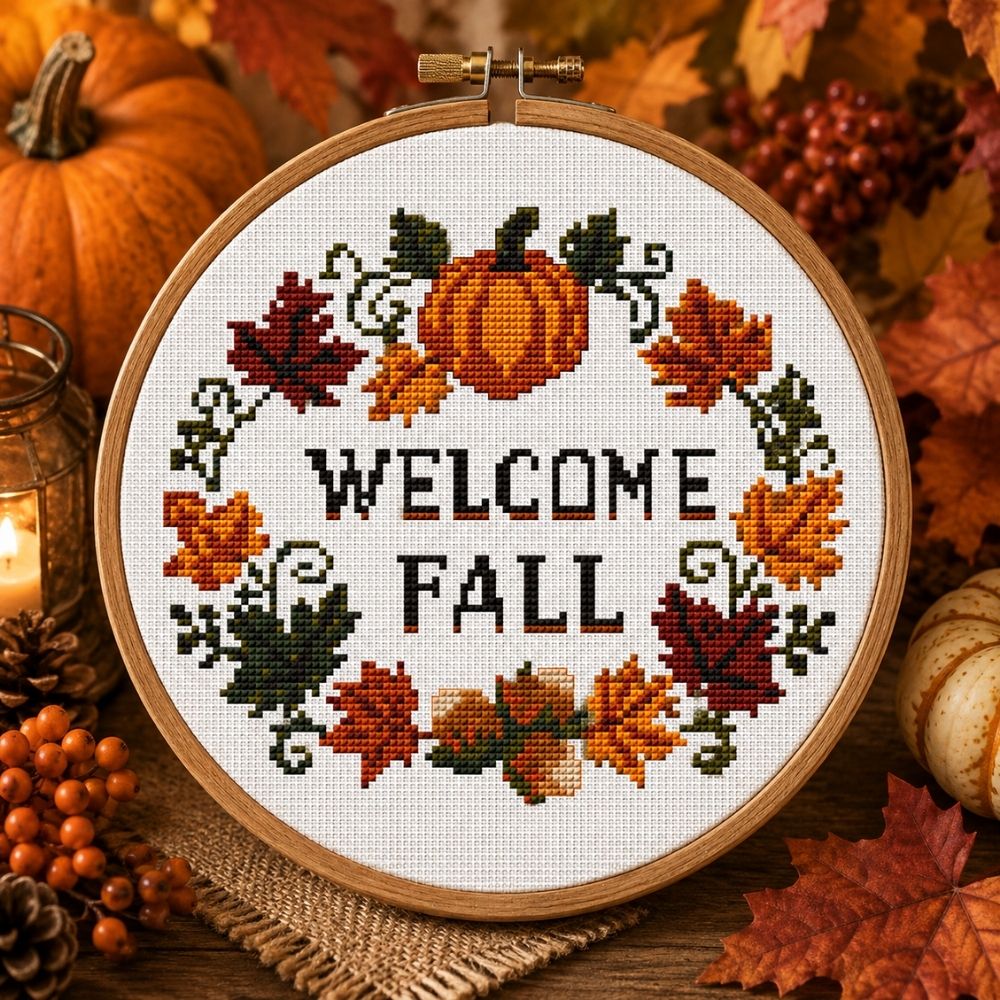 Welcome Fall Cross Stitch Pattern, Autumn Wreath with Pumpkin, Fall Leaves Cross Stitch PDF, Cozy Seasonal Home Decor
