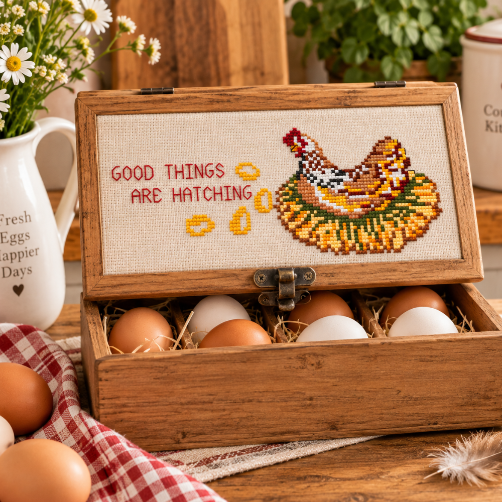 Good Things Are Hatching Hen Cross Stitch Pattern