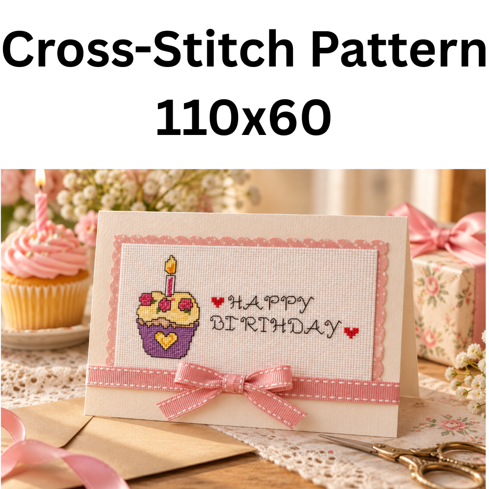 Happy Birthday Cupcake Cross Stitch Pattern PDF | Small Birthday Embroidery Design
