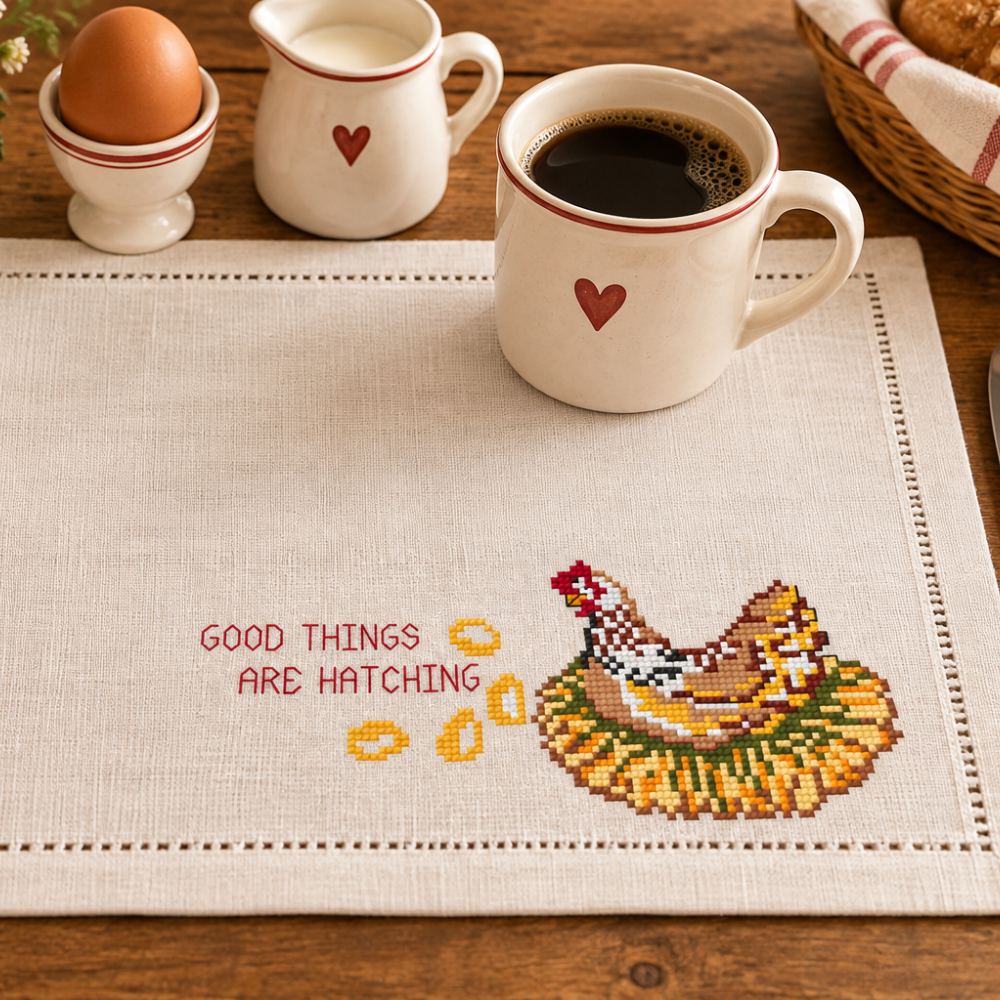 Good Things Are Hatching Hen Cross Stitch Pattern
