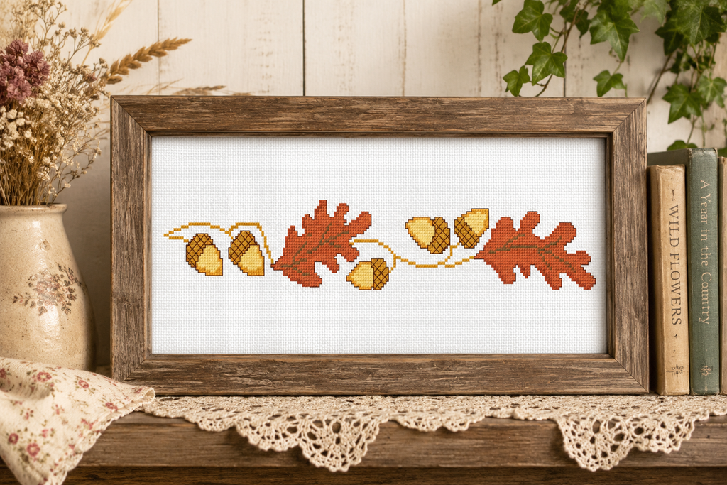 Autumn Acorns & Oak Leaves Cross Stitch Border