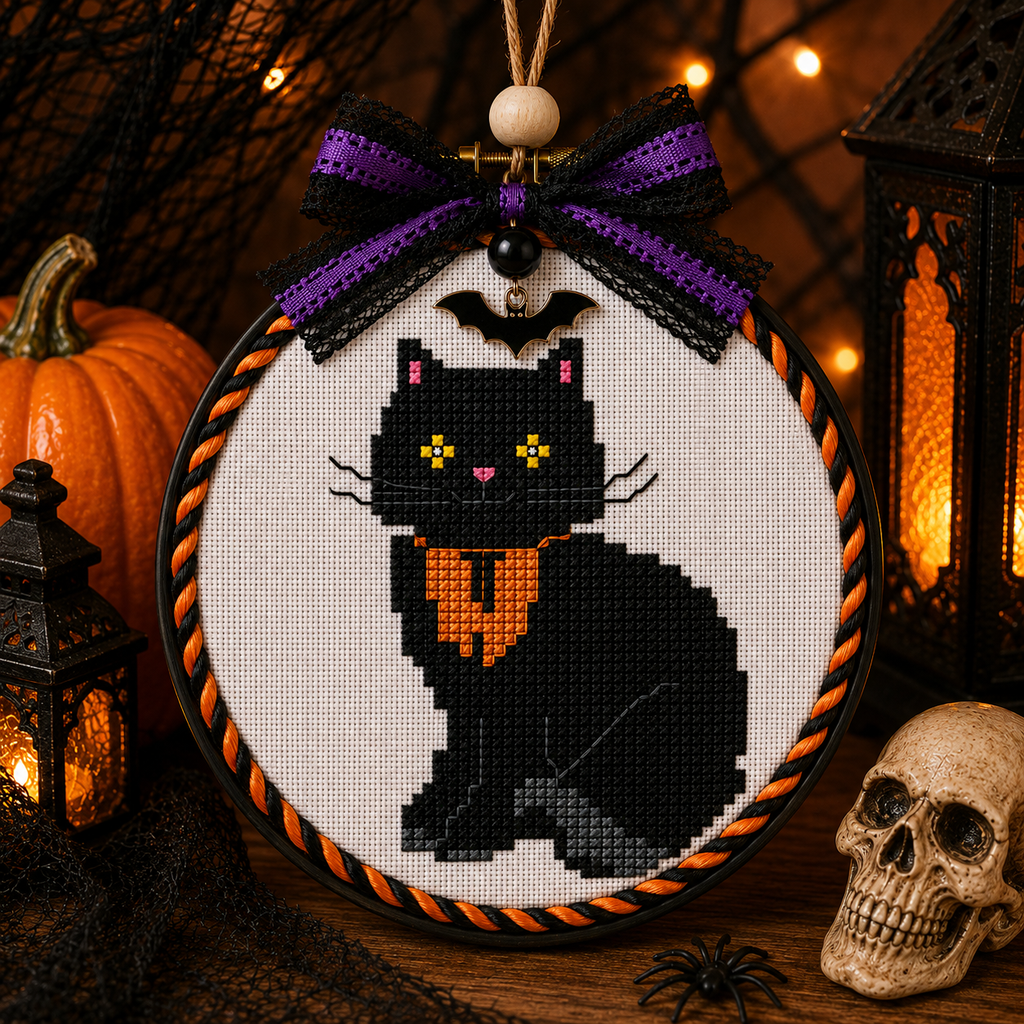 Halloween Black Cat Mini Cross Stitch Patterns Bundle, 6 Cute Spooky Cat Patterns