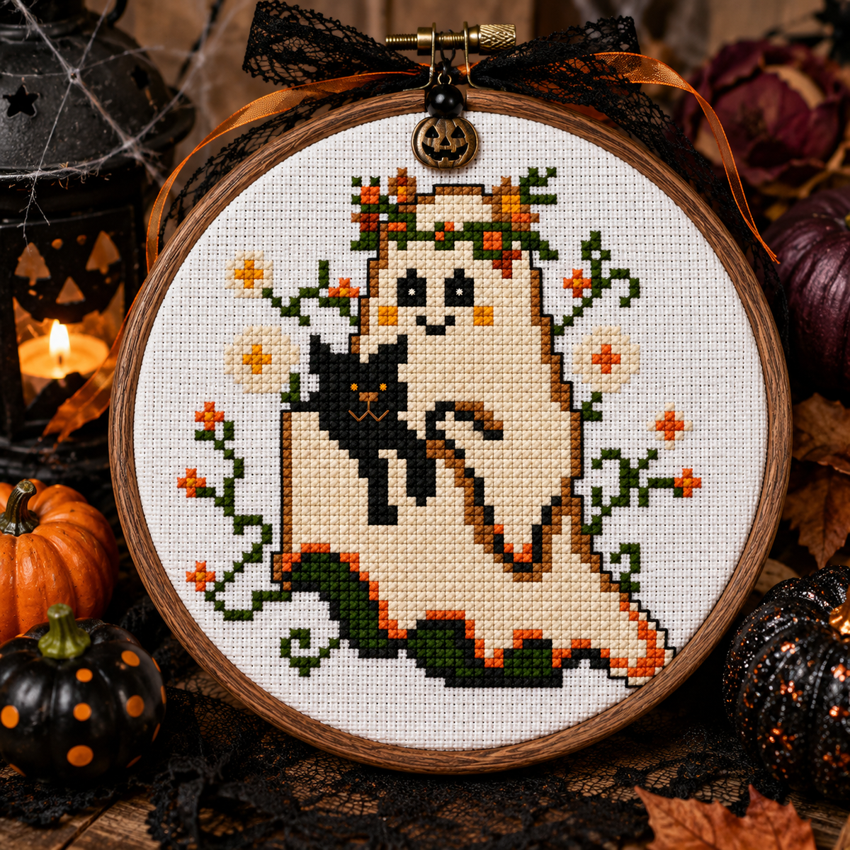 Boo & Meow Halloween Mini Cross Stitch Pattern, Cute Ghost and Black Cat, Small 60x60 Spooky Autumn PDF, Quick Counted Cross Stitch